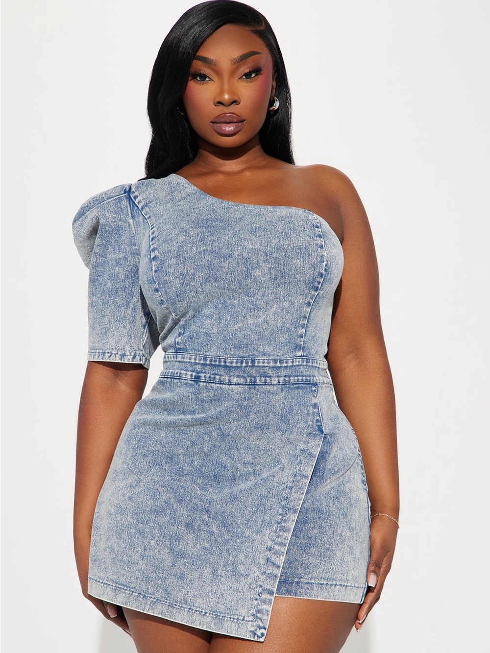 Fashion Nova Light Blue Acid Wash One-Shoulder Denim Romper